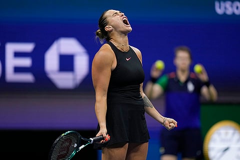 US Open Tennis Semifinal 2024: Aryna Sabalenka, of Belarus, reacts against Emma Navarro